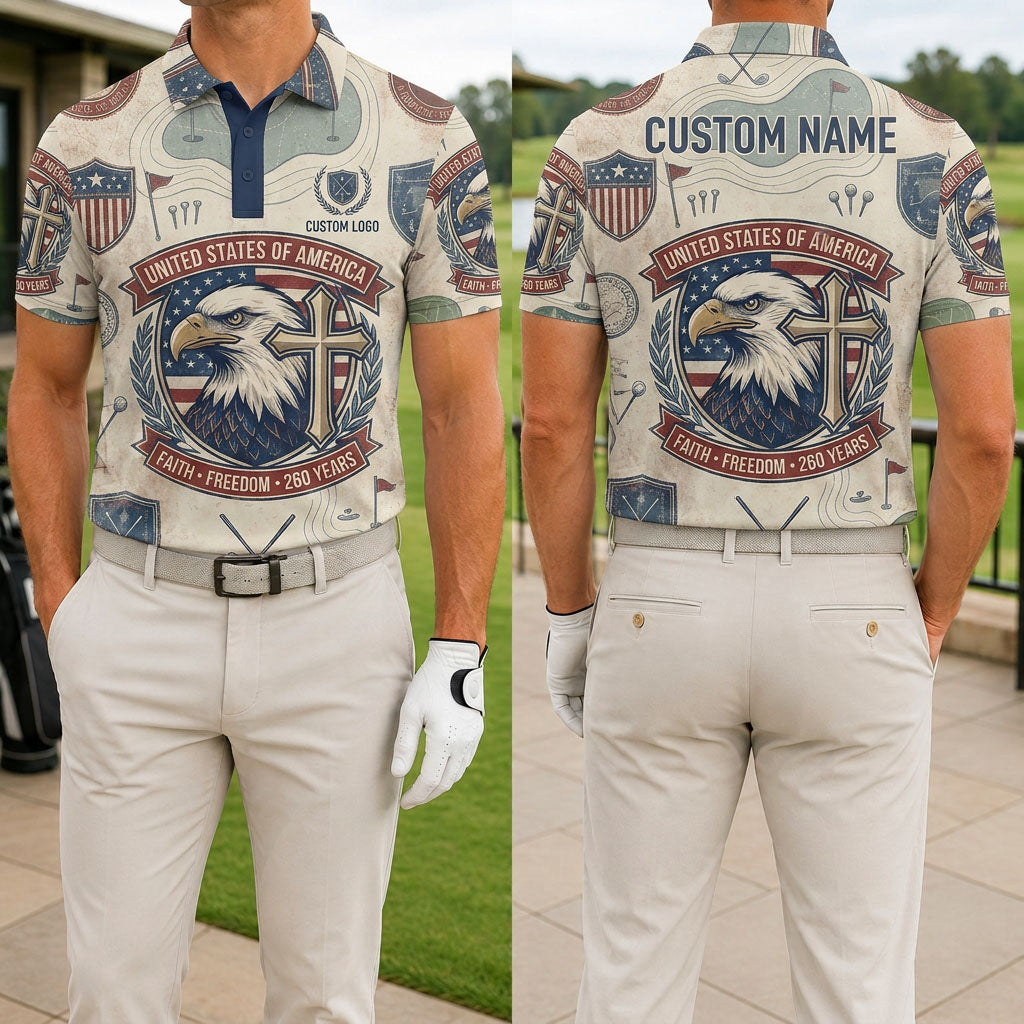 Front and back view of a man wearing the vintage cream USA 250th anniversary eagle cross faith freedom golf polo with custom name.