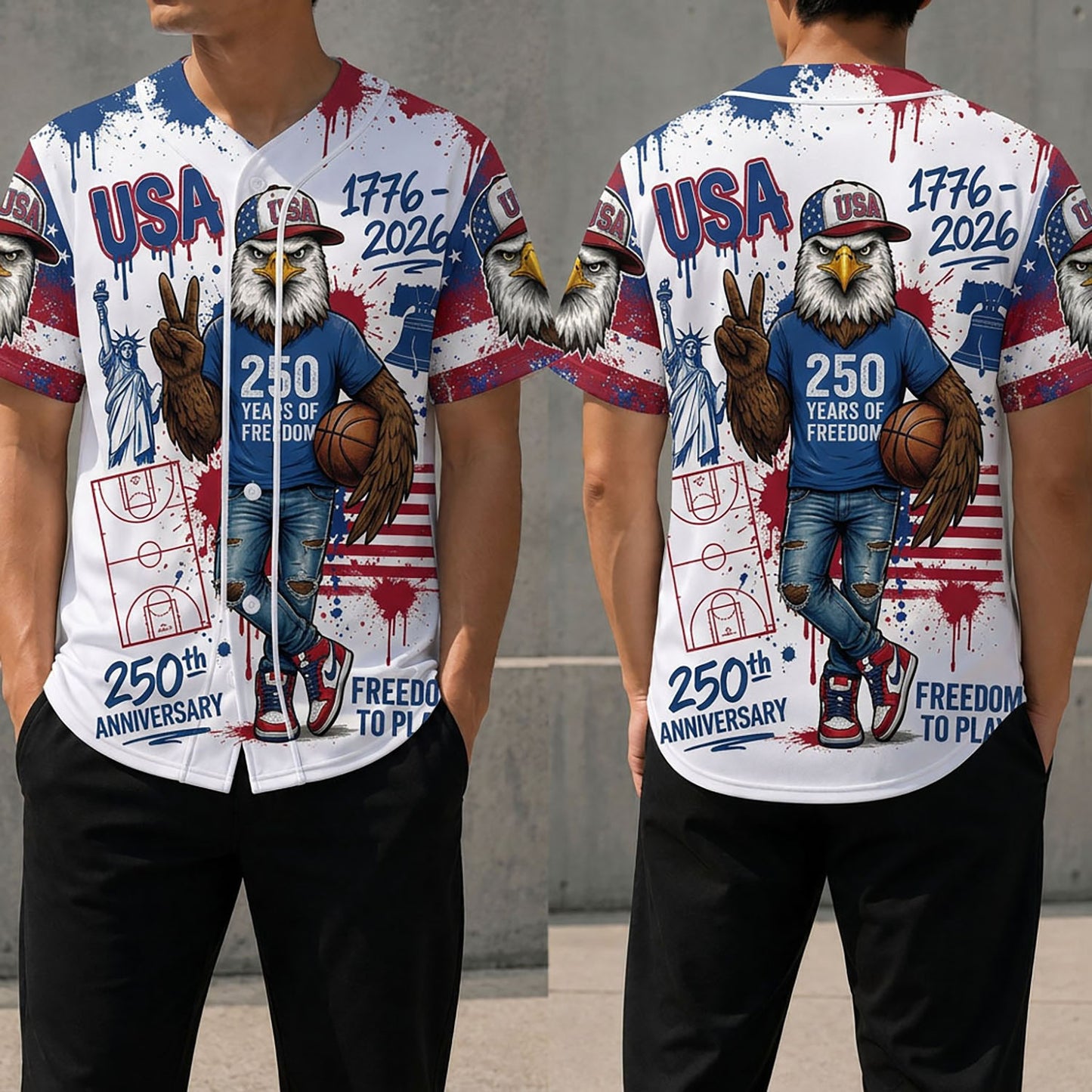 Front And Back View Of The USA 250th Anniversary Eagle Baseball Jersey With Statue Of Liberty And Basketball Graphic