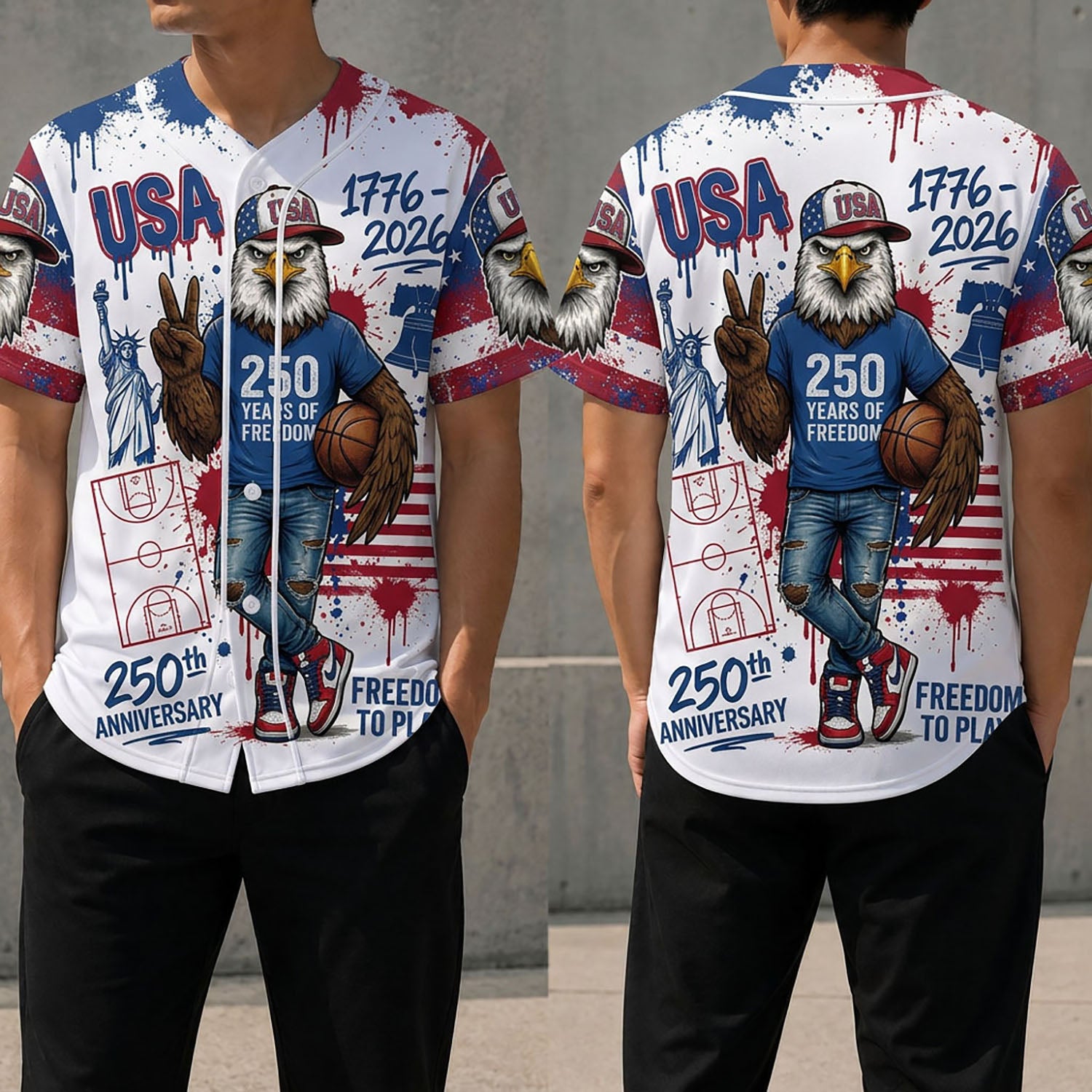 Front And Back View Of The USA 250th Anniversary Eagle Baseball Jersey With Statue Of Liberty And Basketball Graphic