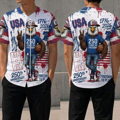 Front And Back View Of The USA 250th Anniversary Eagle Baseball Jersey With Statue Of Liberty And Basketball Graphic