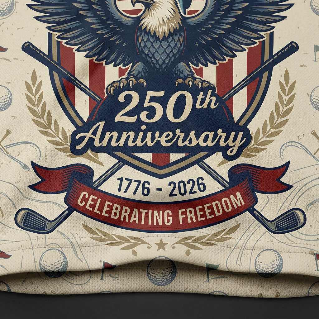Close up detail of the golf polo displaying the high-definition American bald eagle, Statue of Liberty torch, and Celebrating Freedom ribbon.