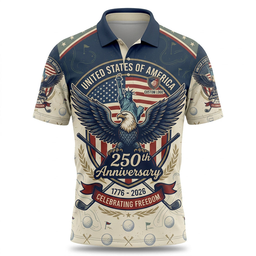 Flat lay photo of the custom premium cream USA 250 anniversary eagle liberty freedom activewear polo shirt.