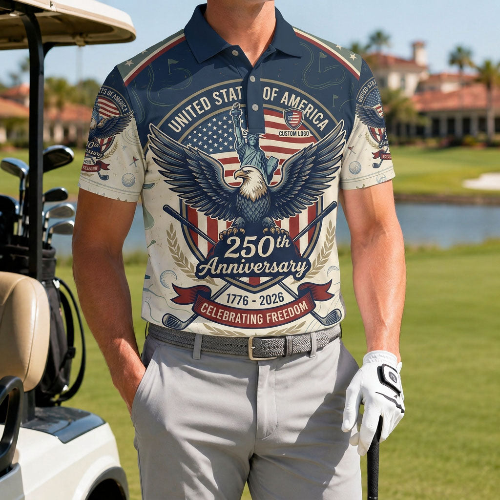 A male athlete wearing the personalized vintage 1776-2026 eagle liberty freedom golf polo shirt standing near a golf cart.