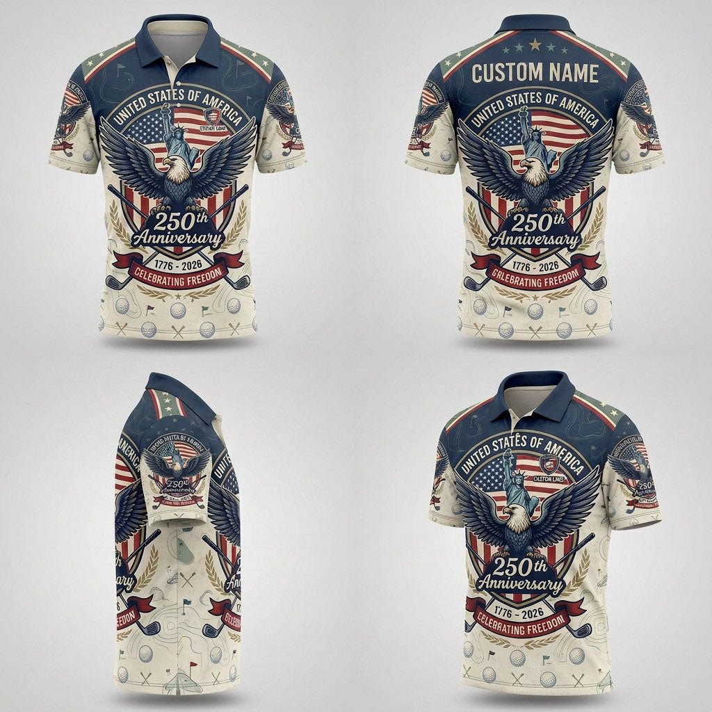 Four-angle product showcase grid displaying the patriotic eagle liberty artwork and tailored athletic fit of the custom polo.