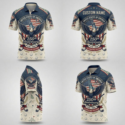 Four-angle product showcase grid displaying the patriotic eagle liberty artwork and tailored athletic fit of the custom polo.