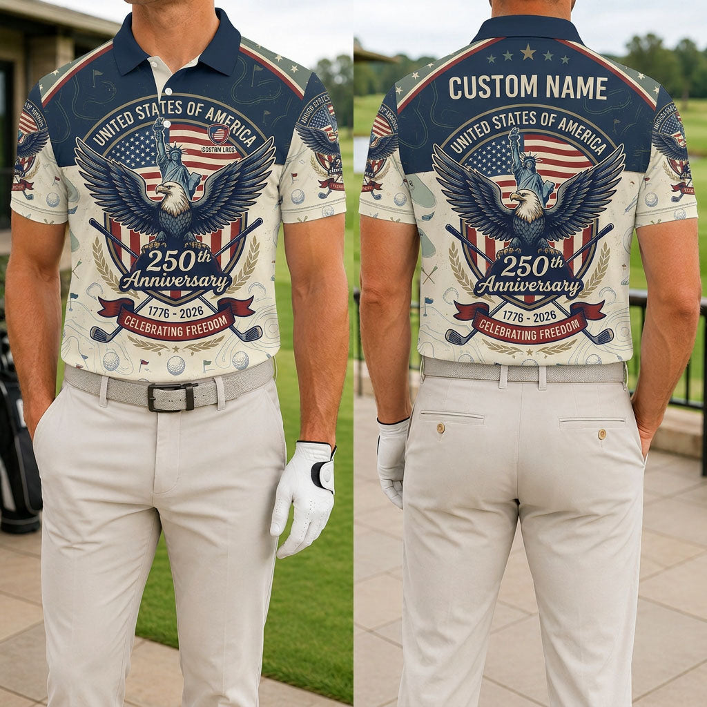 Front and back view of a man wearing the vintage cream USA 250th anniversary eagle and Statue of Liberty golf polo with custom name.