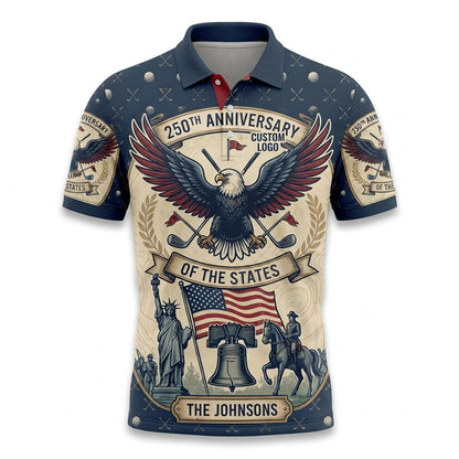 Flat lay photo of the custom navy and cream USA 250th anniversary liberty landmarks activewear polo shirt.