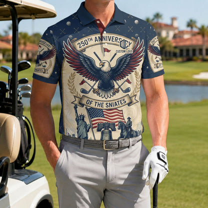 A male athlete wearing the personalized vintage 1776-2026 American monuments golf polo shirt standing near a golf cart.