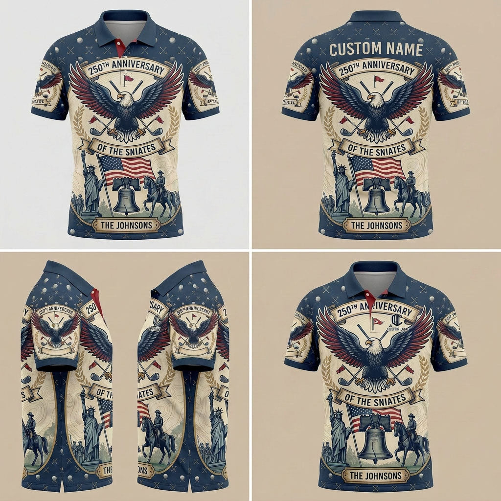 Four-angle product showcase grid displaying the historical monuments design and tailored fit of the custom patriotic polo.