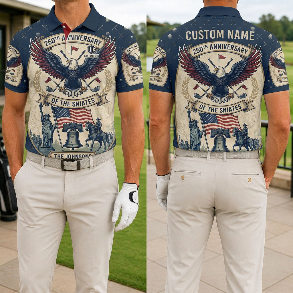 Front and back view of a man wearing the vintage USA 250th anniversary eagle and liberty monuments golf polo with custom name.