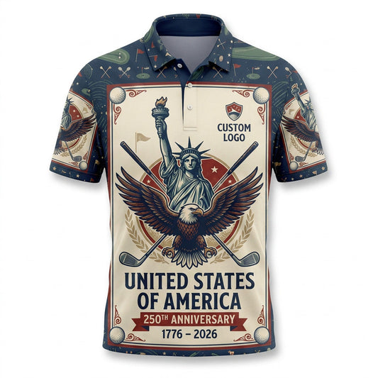 Flat lay photo of the custom navy blue and cream USA 250th anniversary eagle Liberty poster activewear polo shirt.