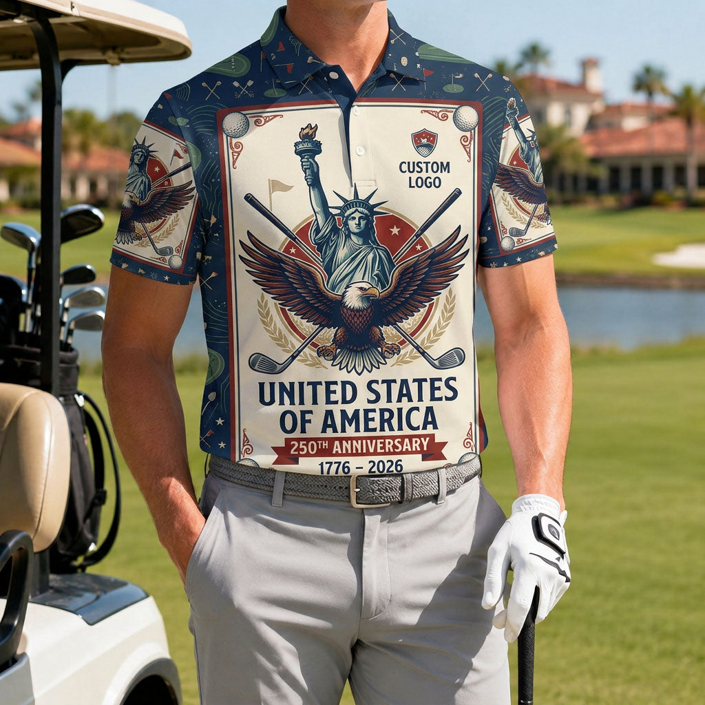 A male golfer wearing the personalized vintage 1776-2026 eagle Liberty poster polo shirt next to a golf cart.