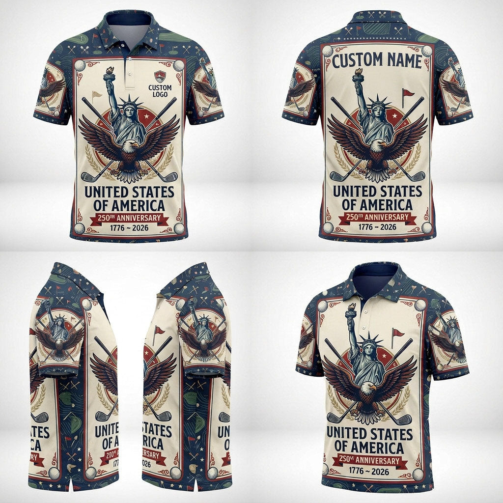 Four-angle product showcase grid displaying the patriotic poster design and tailored athletic fit of the custom polo.