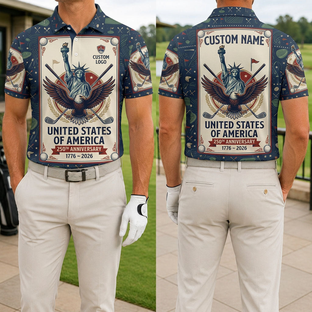 Front and back view of a man wearing the navy blue USA 250th anniversary eagle Liberty poster golf polo with custom name.