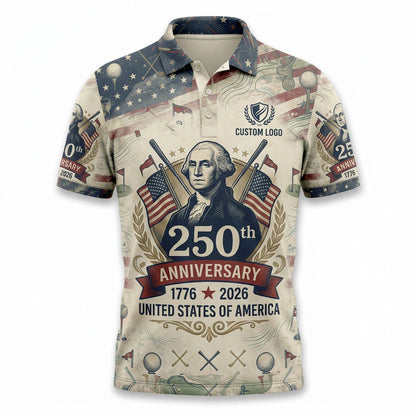 Flat lay presentation of the custom vintage style George Washington 250 years anniversary golf polo shirt.