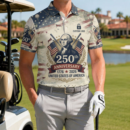 A male athlete wearing the personalized vintage George Washington 1776-2026 golf polo shirt standing near a golf cart.
