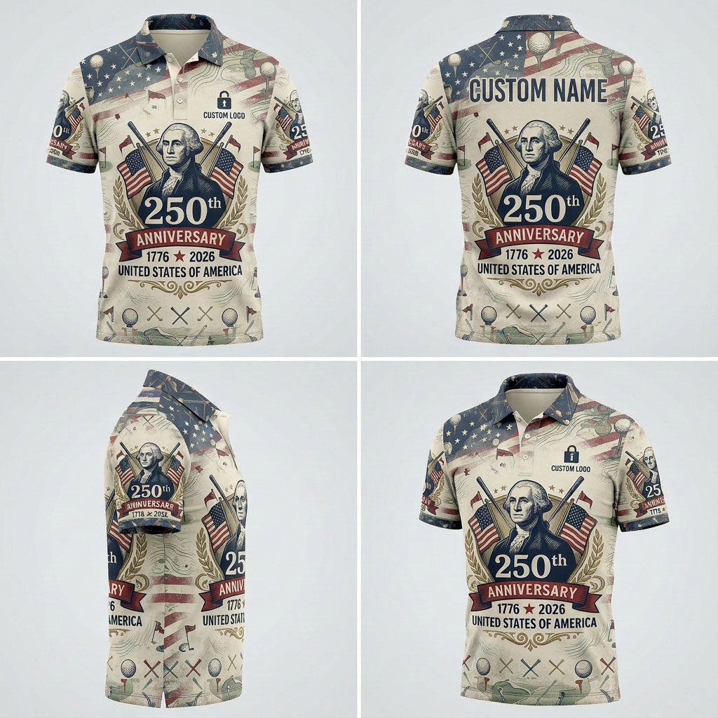 Product presentation grid with 4 views showing the George Washington portrait and fit of the custom patriotic golf polo.
