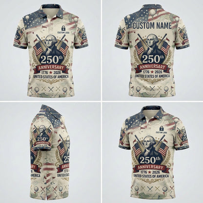 Product presentation grid with 4 views showing the George Washington portrait and fit of the custom patriotic golf polo.