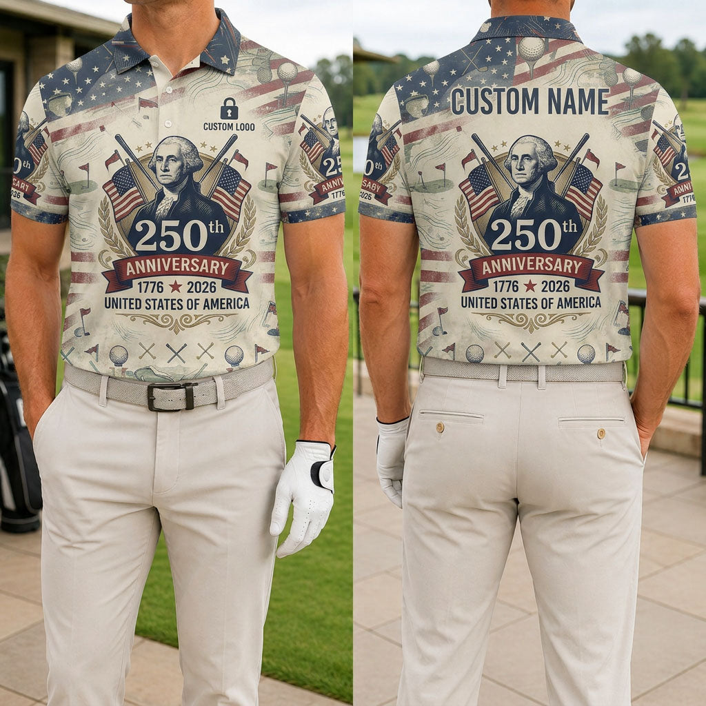 Front and back view of a man wearing the vintage cream George Washington USA 250th anniversary golf polo with custom name.