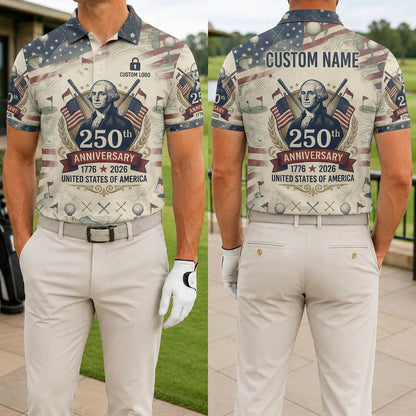Front and back view of a man wearing the vintage cream George Washington USA 250th anniversary golf polo with custom name.