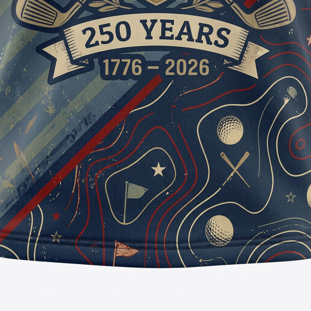 Close-up of 1776-2026 patriotic emblem on custom USA golf polo