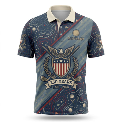 Full view of USA 250th anniversary patriotic golf polo flatlay