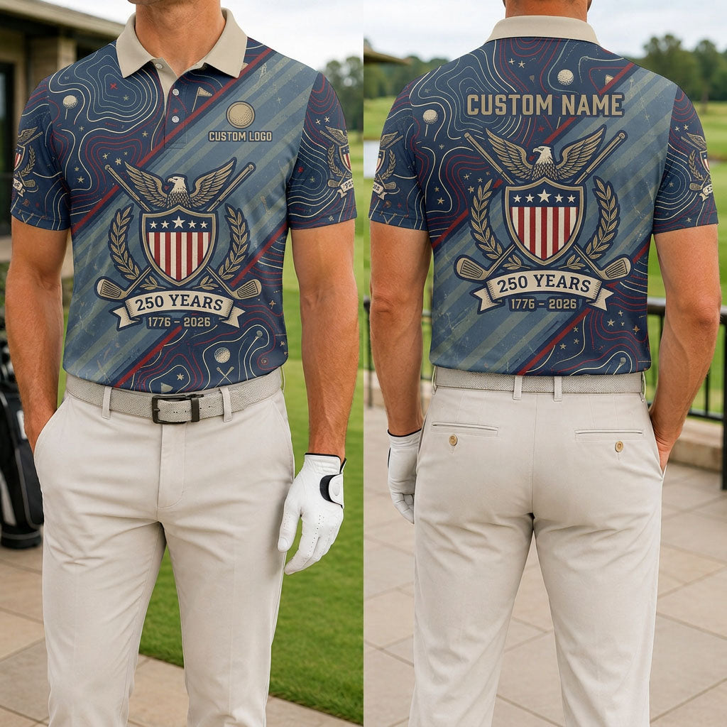 Front and back view of USA 250th anniversary custom golf polo shirt