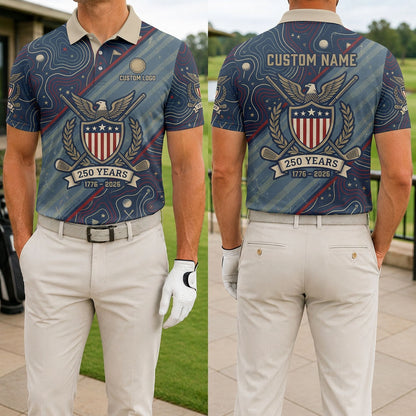 Front and back view of USA 250th anniversary custom golf polo shirt