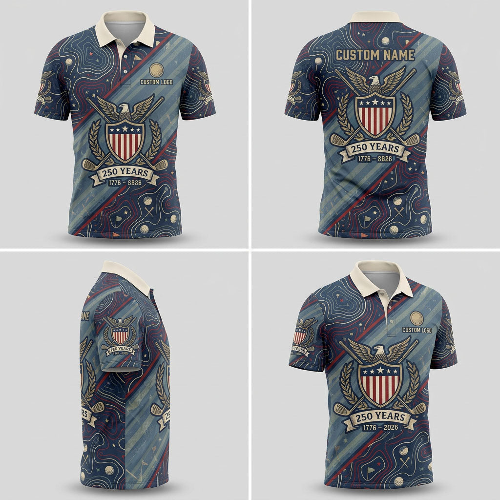 Product view grid of USA 250th anniversary custom golf polo