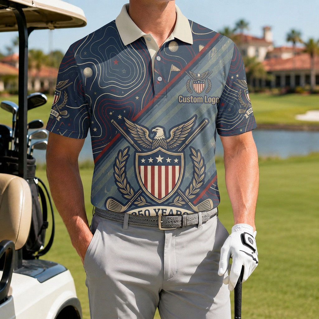 Male golfer on course wearing USA 250th anniversary custom polo shirt