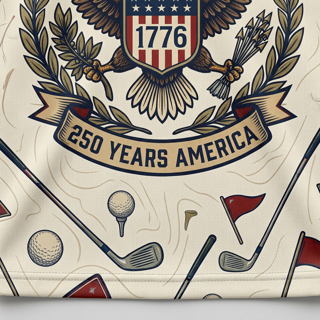 Close up detail of the golf polo highlighting the 1776 shield eagle crest, 13 stars, and classic line-art golf graphics.