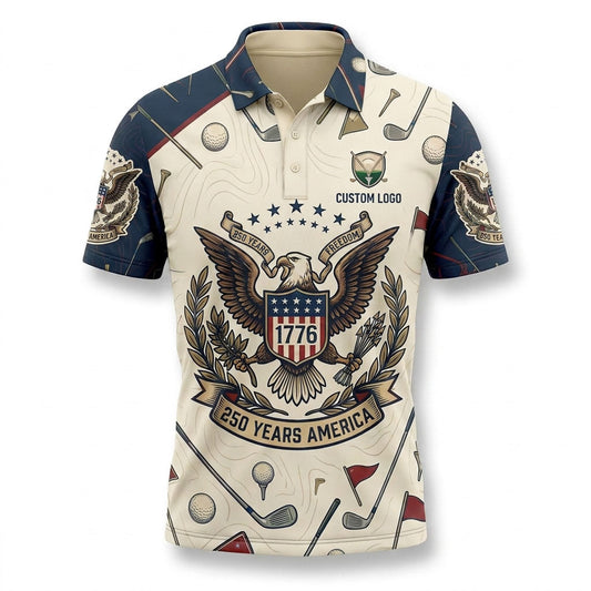 Flat lay photo of the custom premium cream USA 250 years anniversary liberty eagle activewear polo shirt.