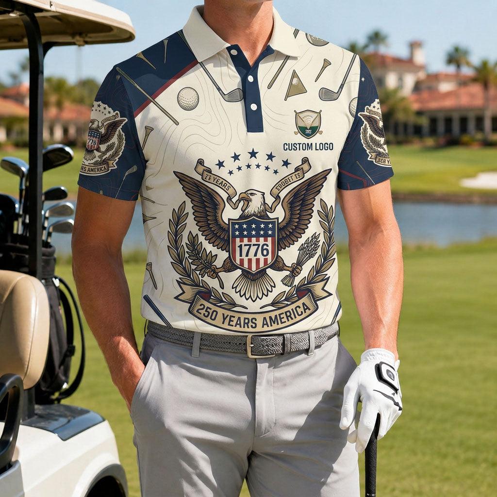 A male athlete wearing the personalized cream 1776 eagle 250 years America polo shirt next to a golf cart.