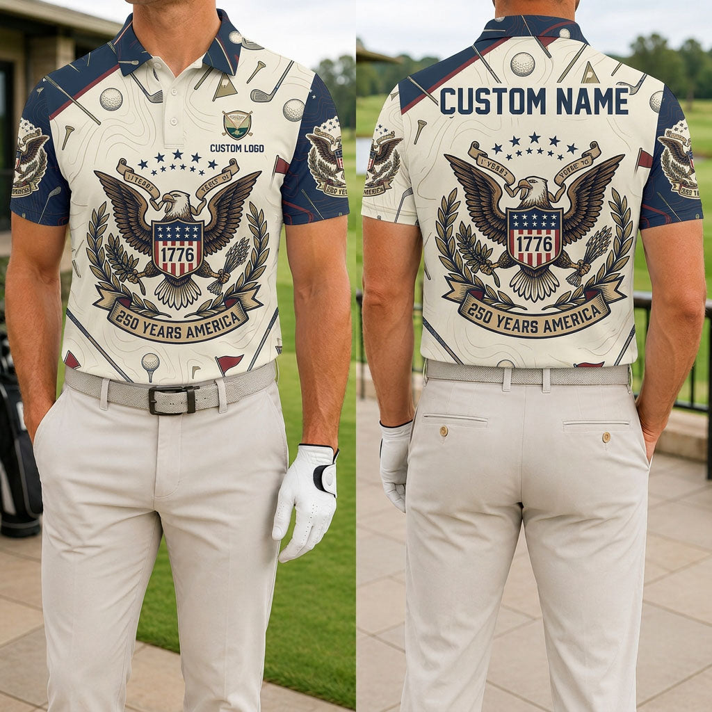 Front and back view of a man wearing the cream and navy USA 250th anniversary Great Seal eagle golf polo with custom name.