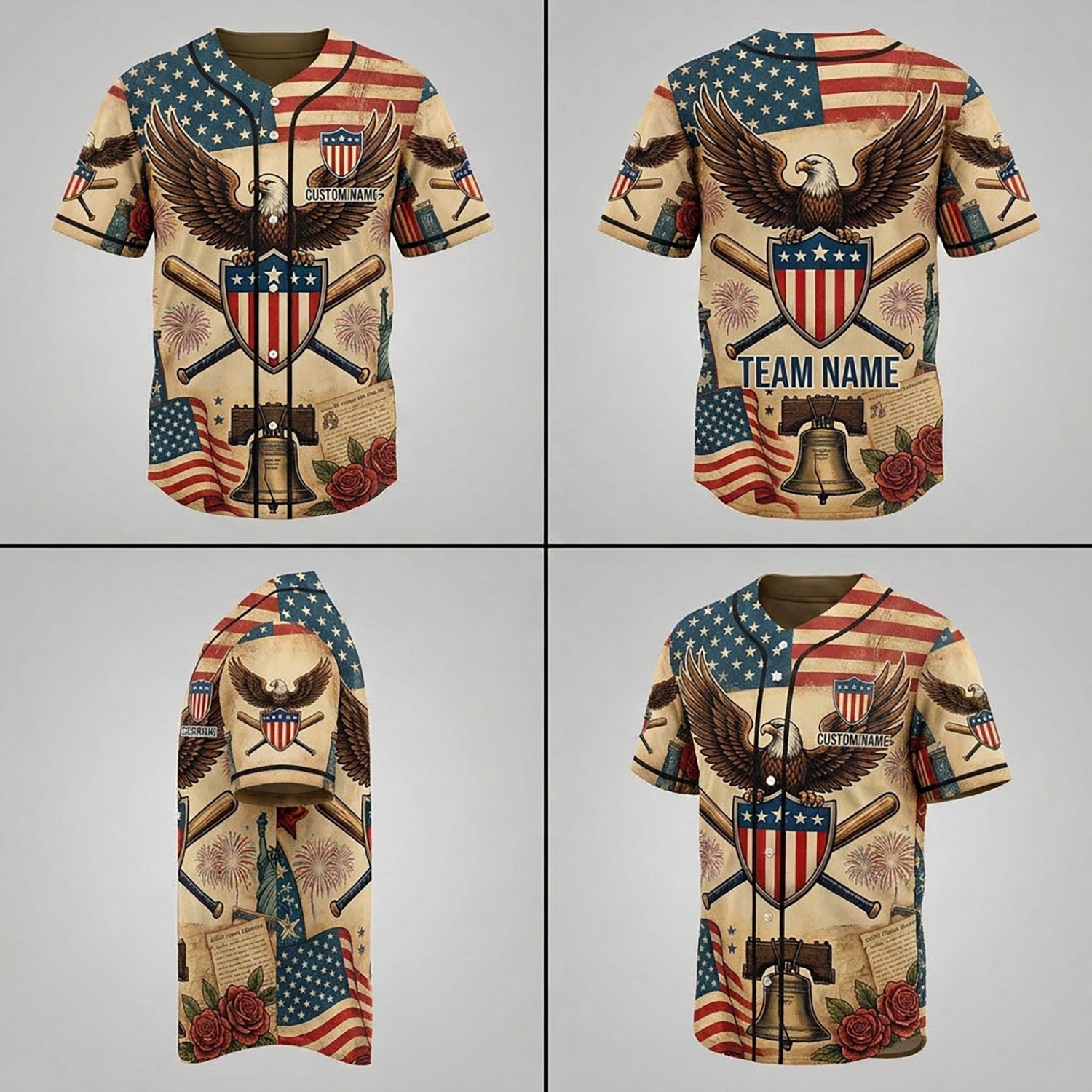 Collage Showing Front, Back, And Side Design Perspectives Of The Custom Heritage Baseball Jersey