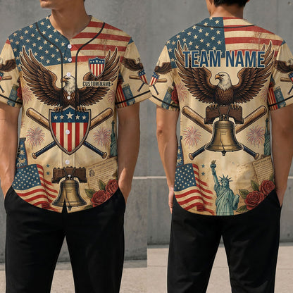 Front And Back View Of The USA 250th Anniversary Heritage Eagle Baseball Jersey Featuring Vintage Patriotic Symbols