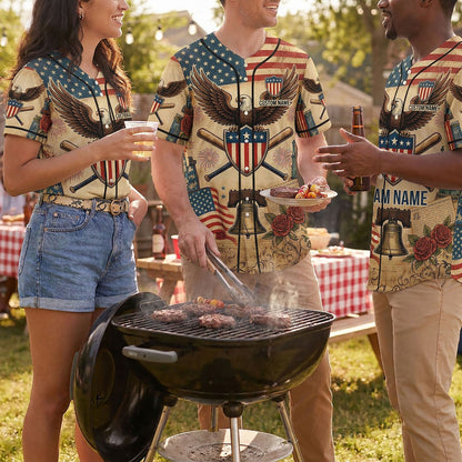 People Wearing USA 250th Anniversary Heritage Eagle Baseball Jerseys At A Backyard Barbecue