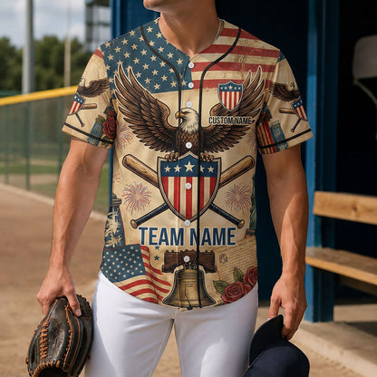 Model Holding A Baseball Glove Wearing The USA 250th Anniversary Heritage Jersey On A Baseball Field