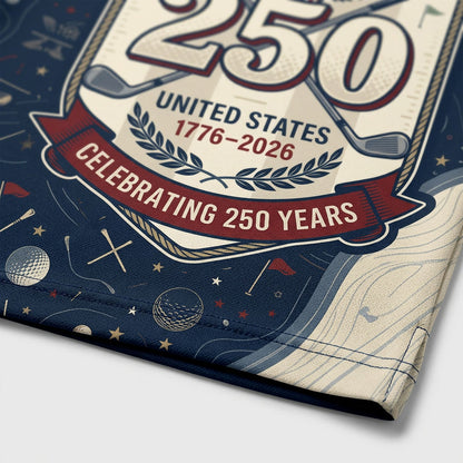 Close-up of 250th anniversary emblem and topographic pattern on polo