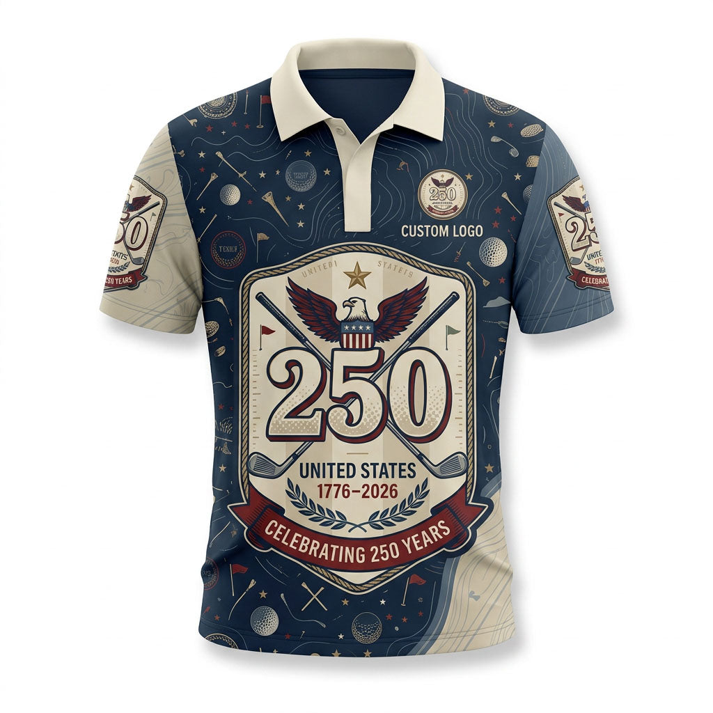 Flatlay view of USA 250th anniversary heritage commemorative golf polo