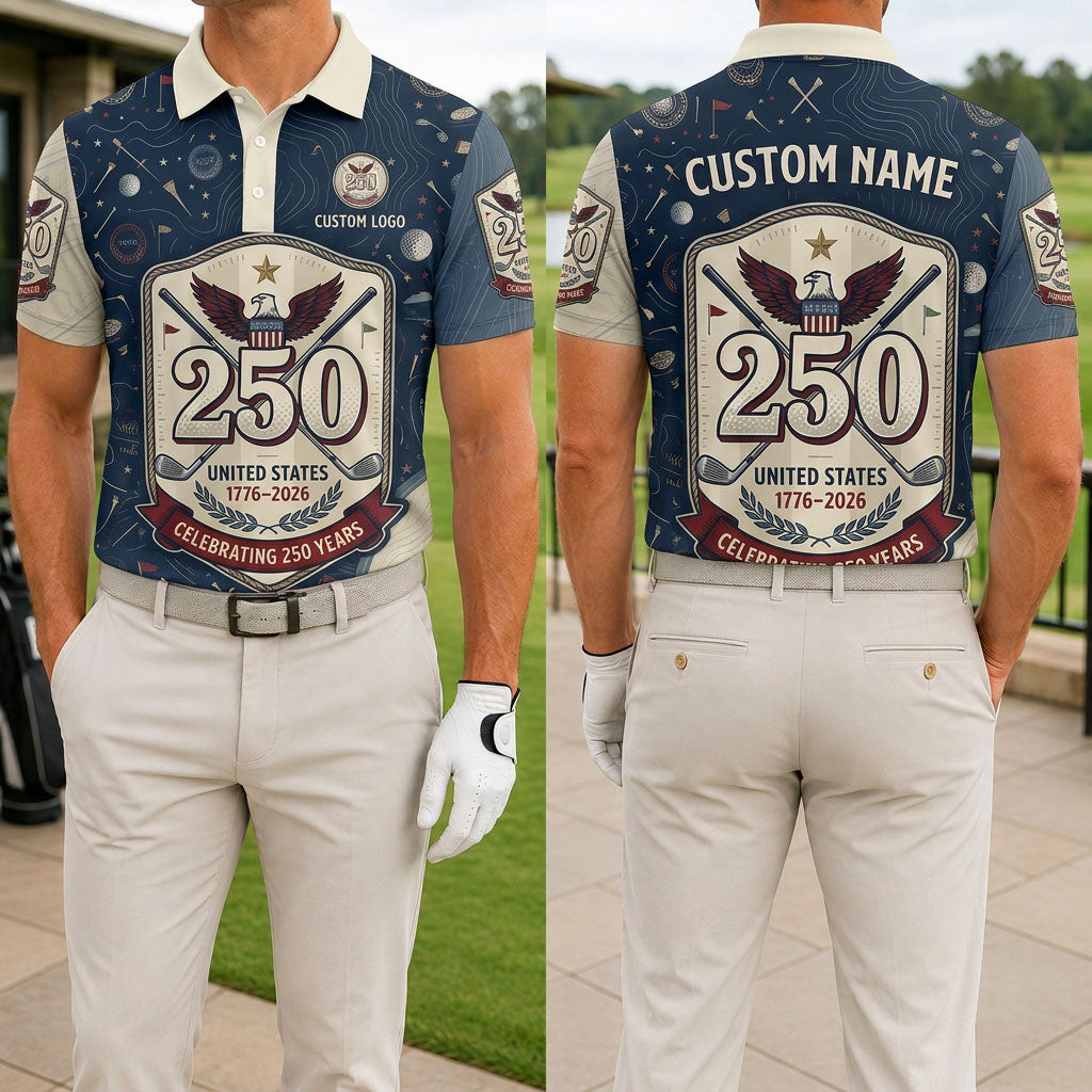 Front and back view of USA 250th anniversary heritage golf polo