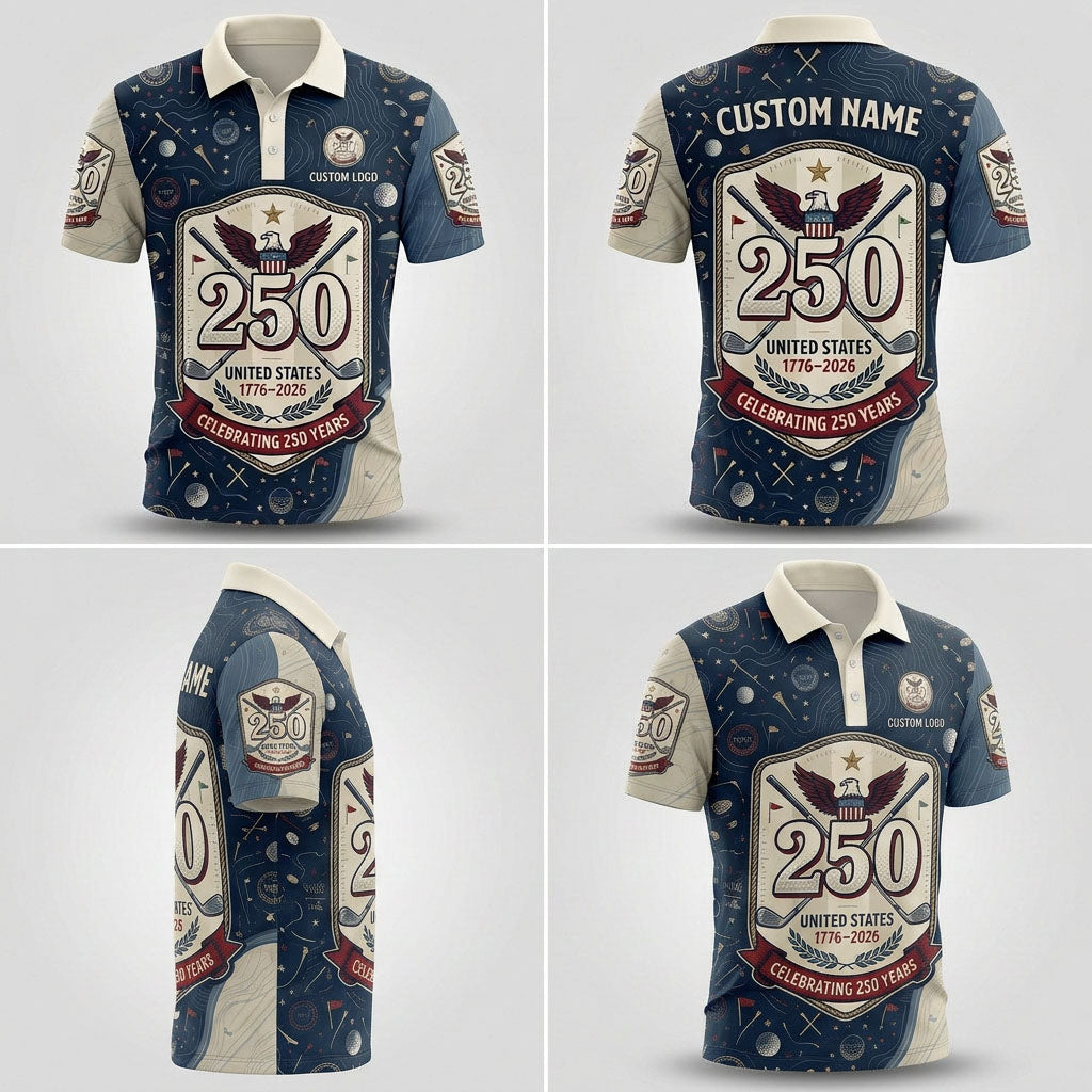 Product grid view of 250th anniversary heritage custom golf polo
