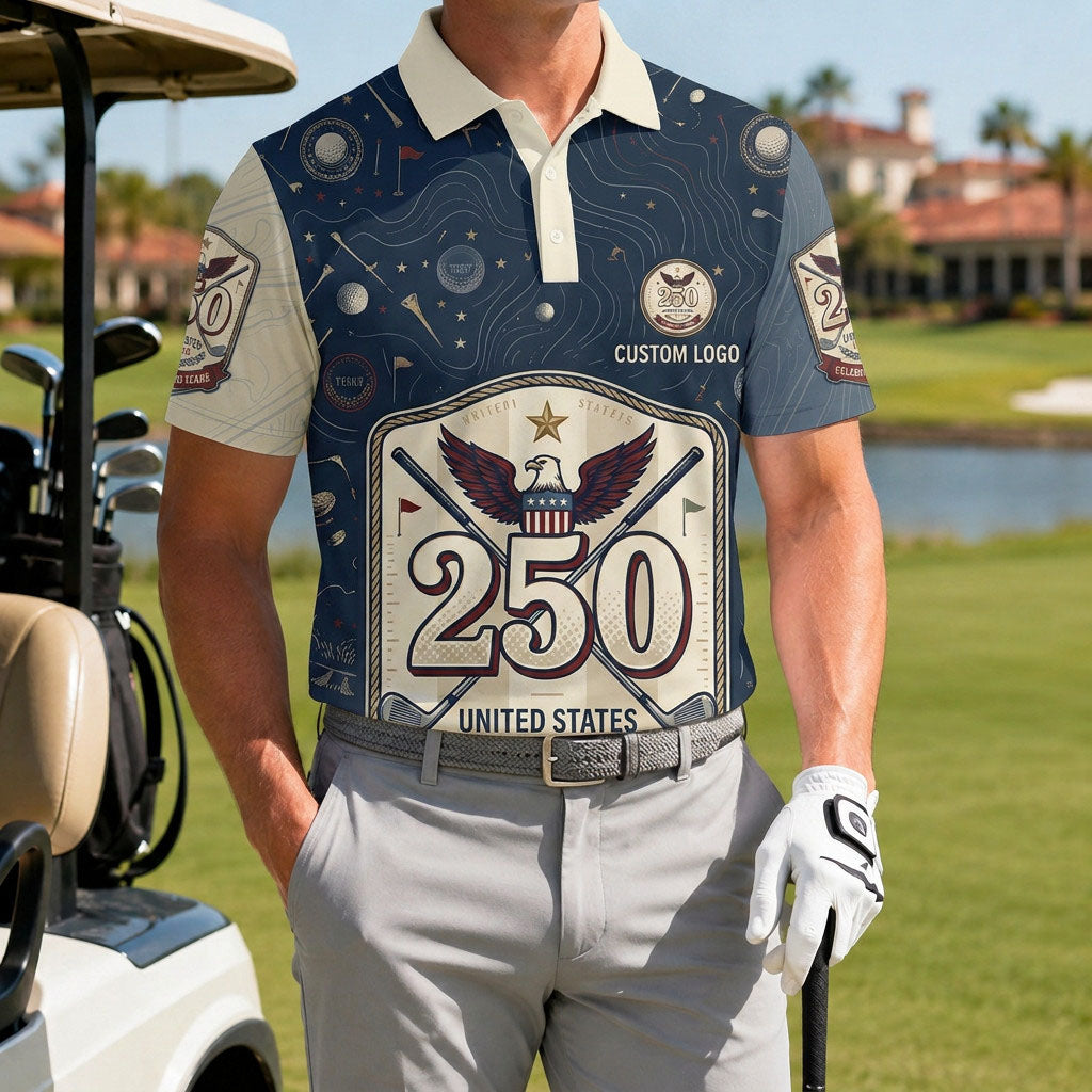 Male golfer on course wearing 250th anniversary heritage golf polo
