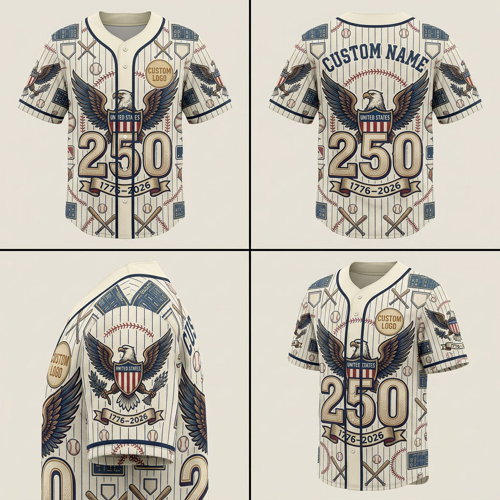 Product grid displaying multi-angle views of the 250th anniversary USA baseball jersey