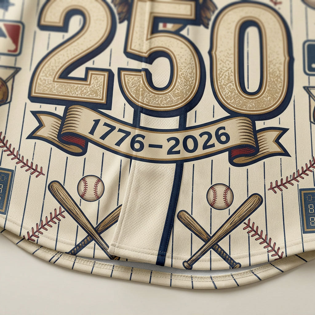 Detailed closeup of the USA 250th anniversary eagle graphic and 1776-2026 commemorative ribbon