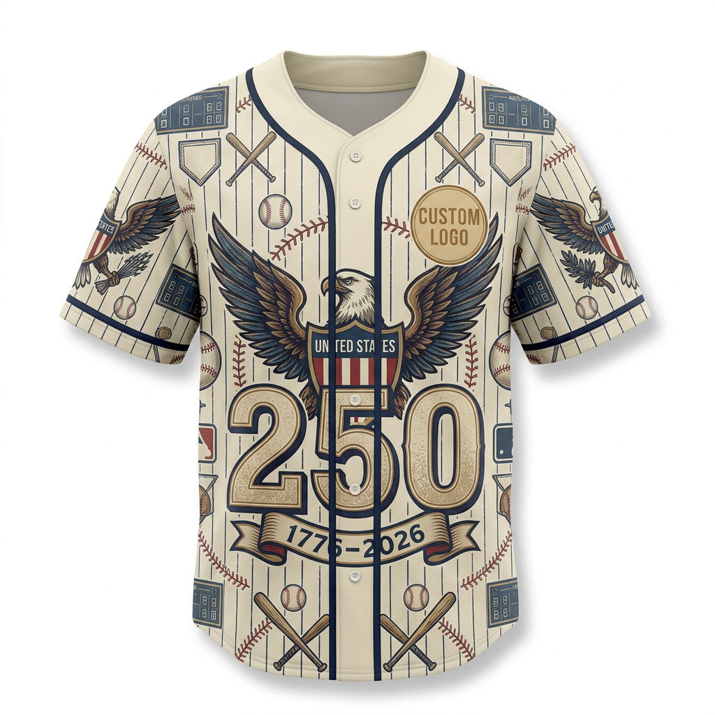 Flatlay view of the USA 250th anniversary commemorative baseball jersey