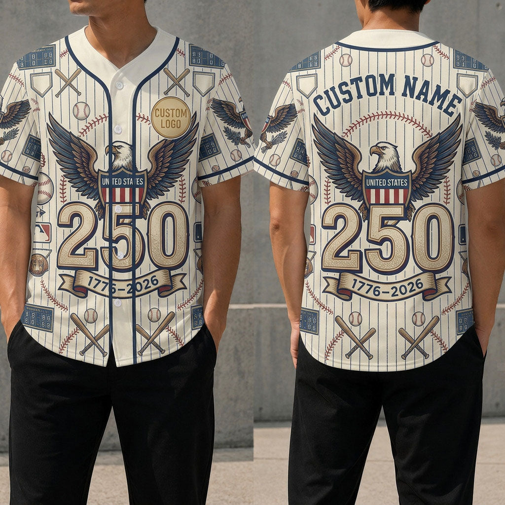 Front and back view of the USA 250th anniversary patriotic baseball jersey