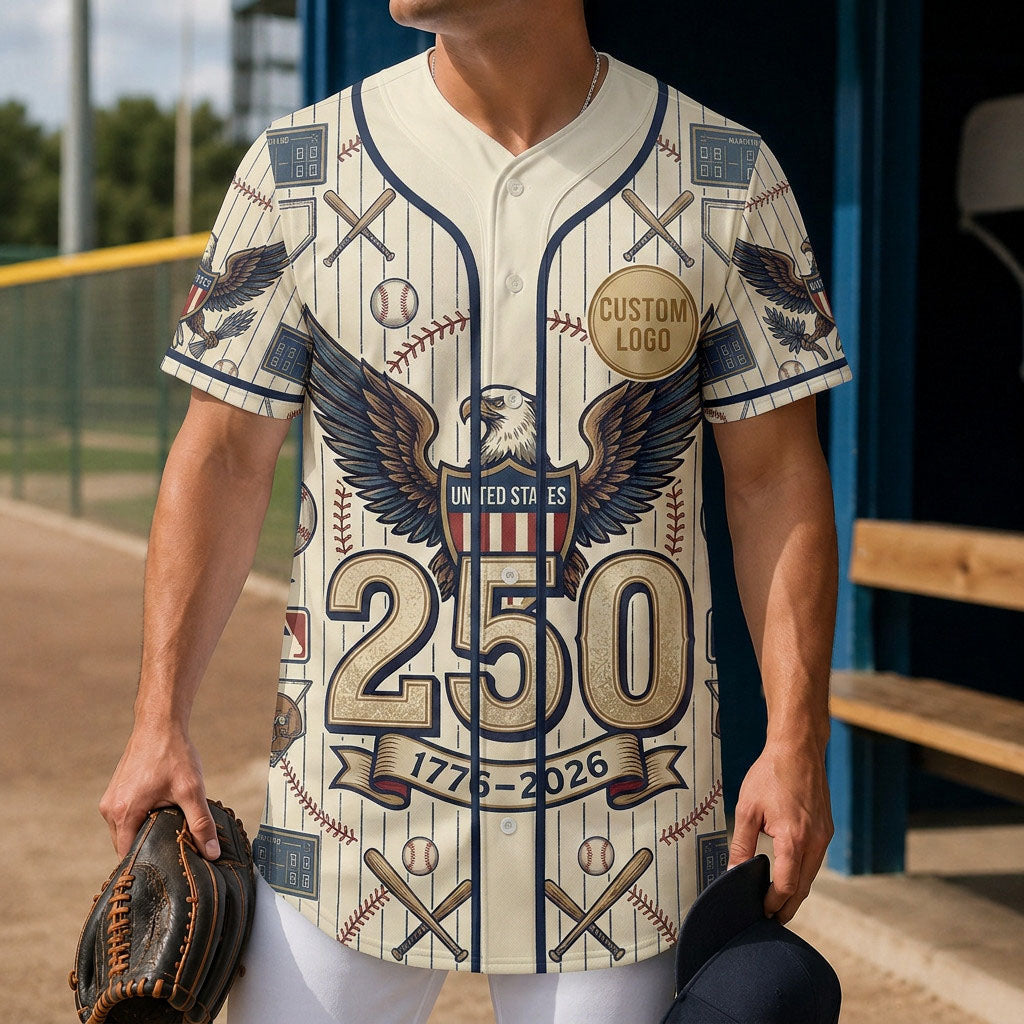 Model wearing a USA 250th anniversary baseball jersey at a sports field