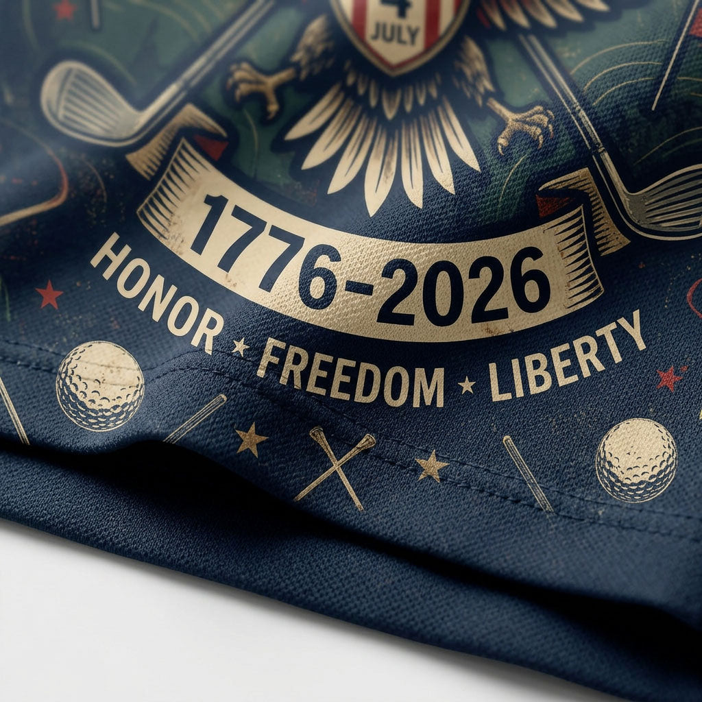 Close up detail of the golf polo displaying the high-definition American bald eagle crest, crossed clubs, and July 4th ribbon.
