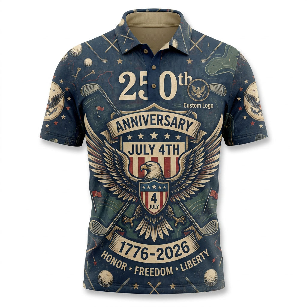 Flat lay photo of the custom navy blue USA 250th anniversary 4th of July eagle activewear polo shirt with cream collar.